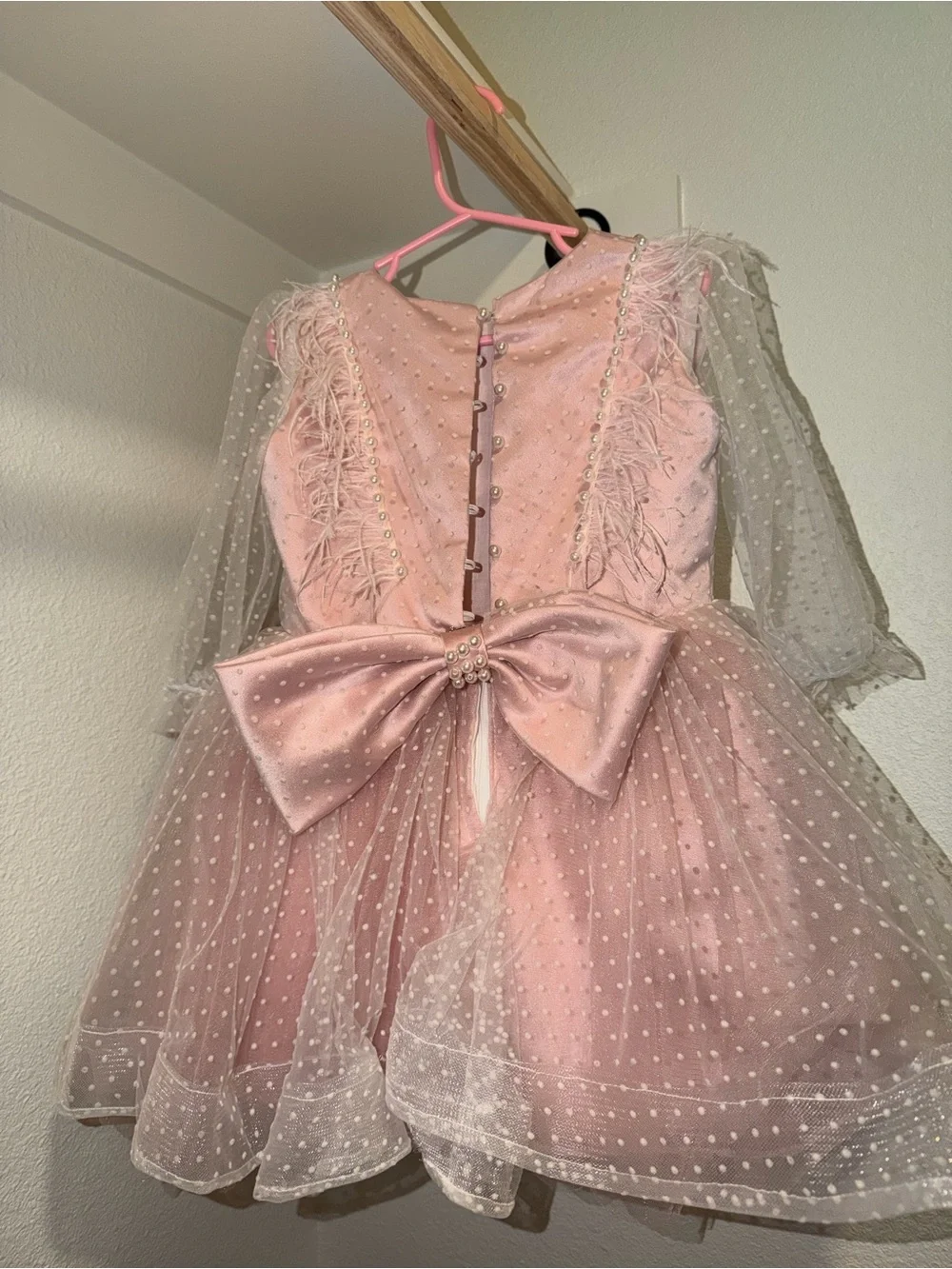 Girls Pink Polka Dot Tulle Dress with Bow